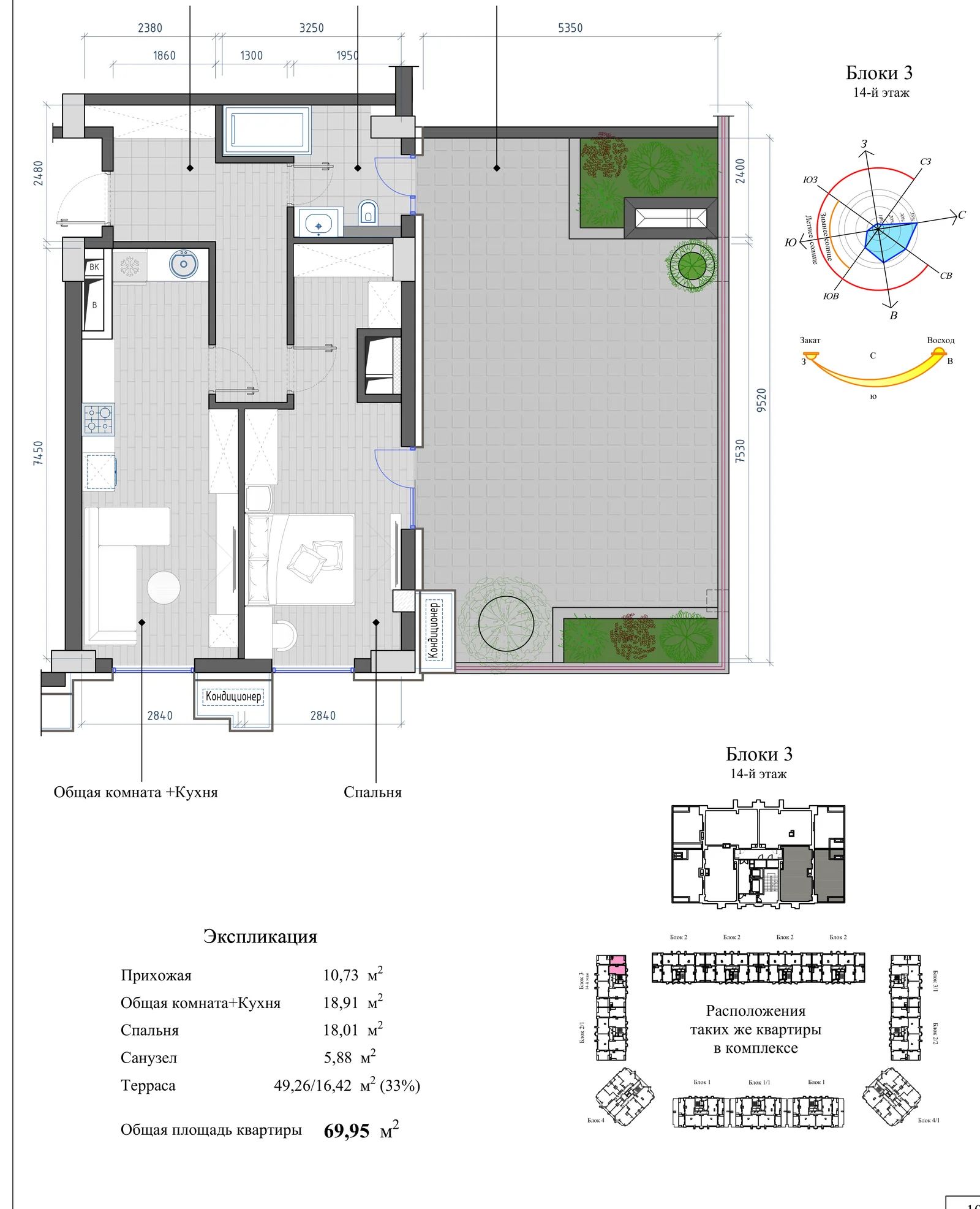 Планировка: 2-комнатная, 69,95 м²