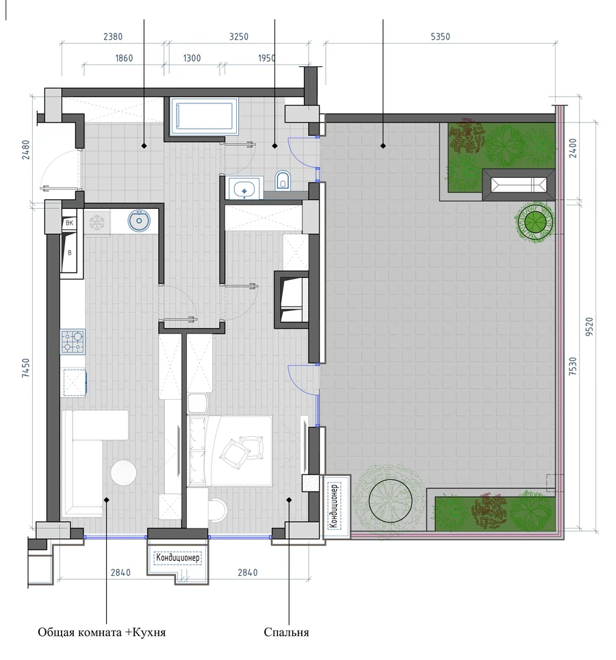 Планировка: 2-комнатная, 69,95 м²