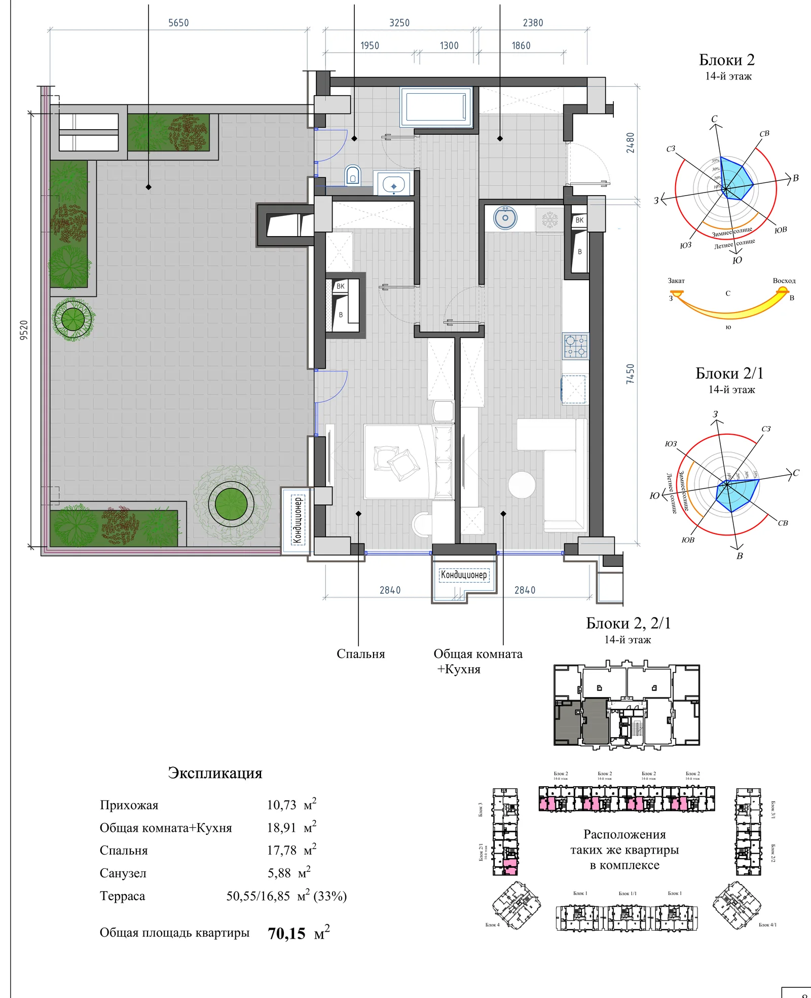 Планировка: 2-комнатная, 70,15 м²