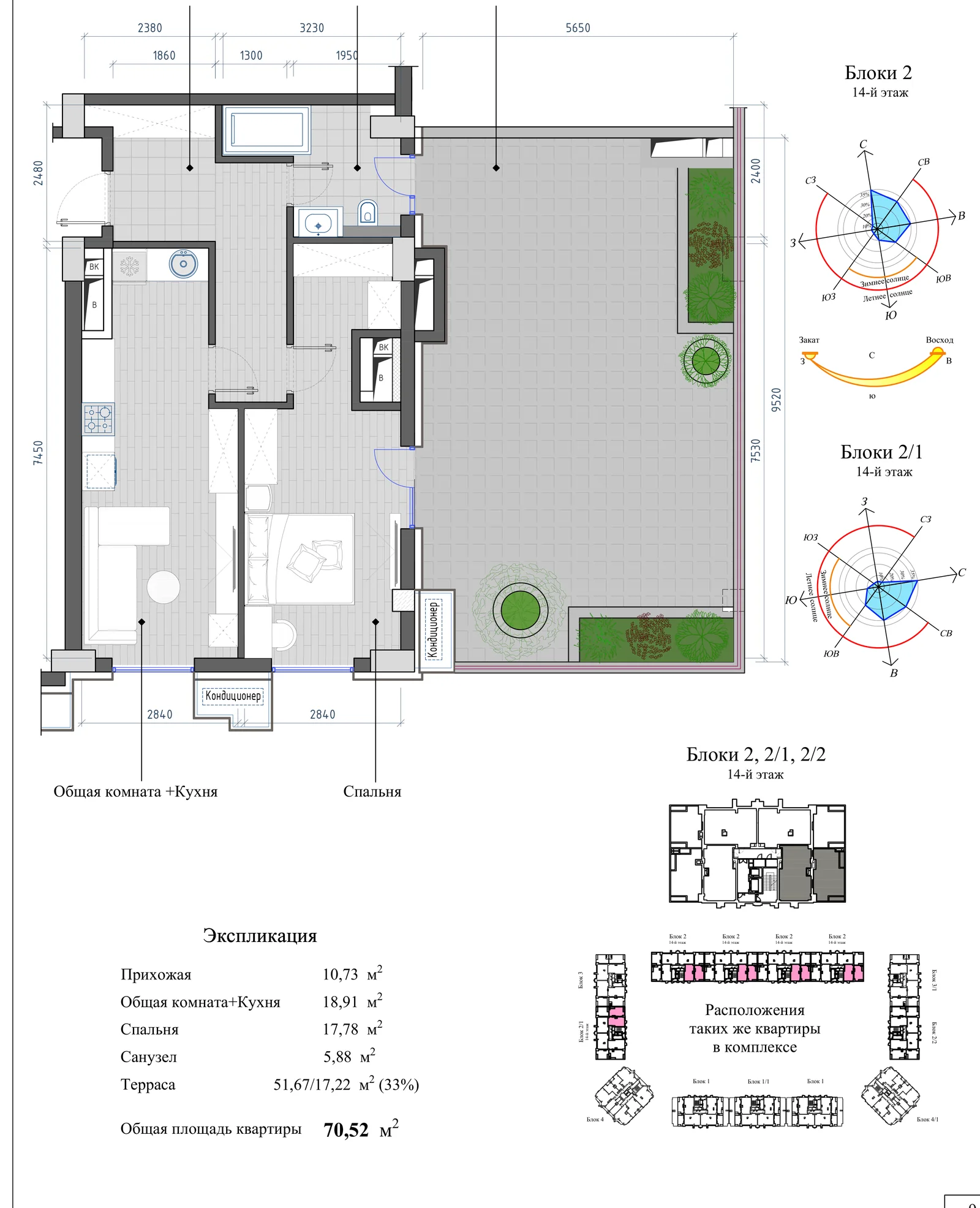 Планировка: 2-комнатная, 70,52 м²