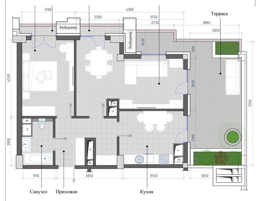 Планировка: 2-комнатная, 73,38 м²