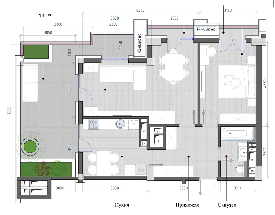Планировка: 2-комнатная, 73,88 м²