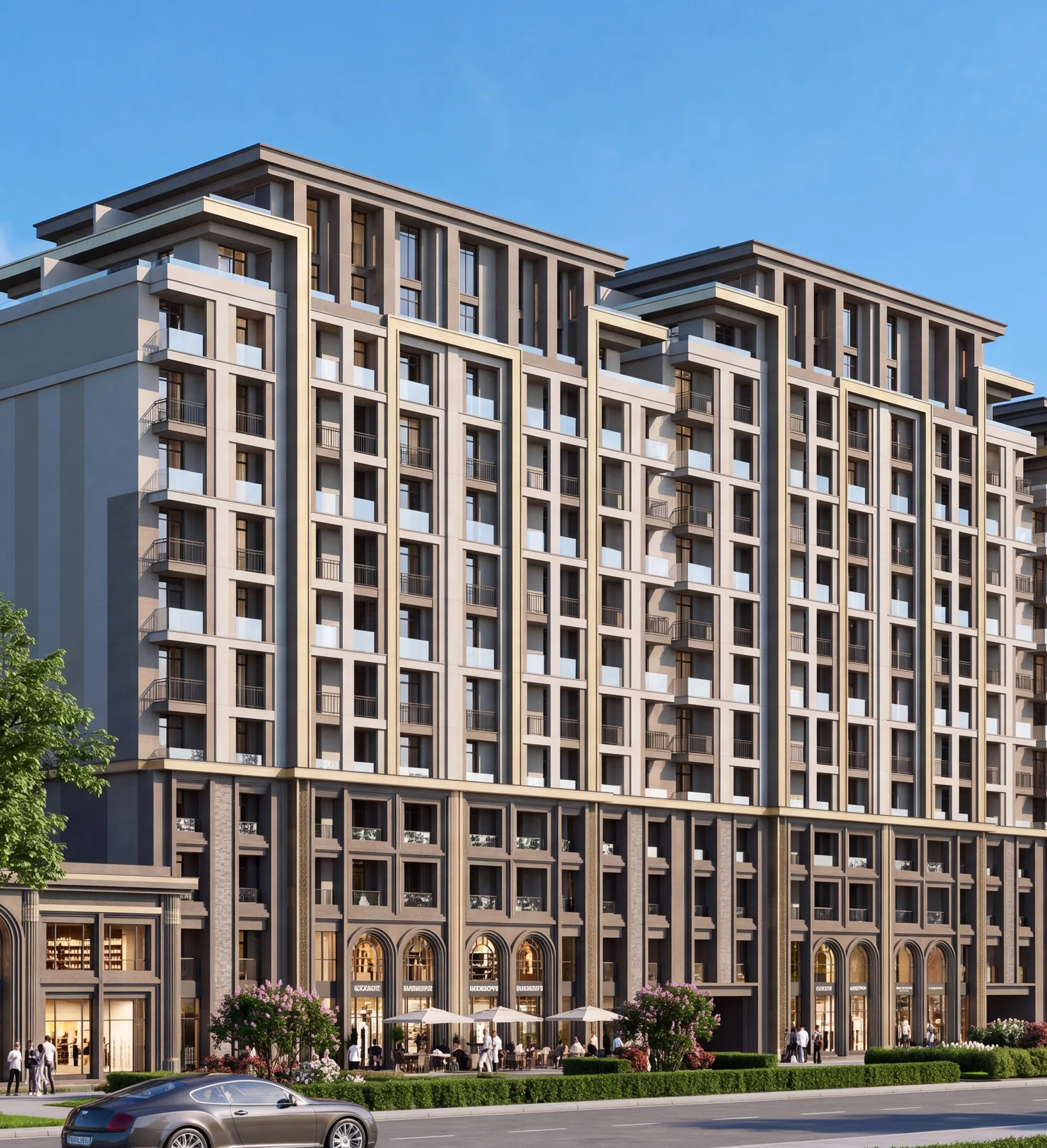 PARI Residence — the corner building: stone, brass and the rhythm of windows. Project visualisation