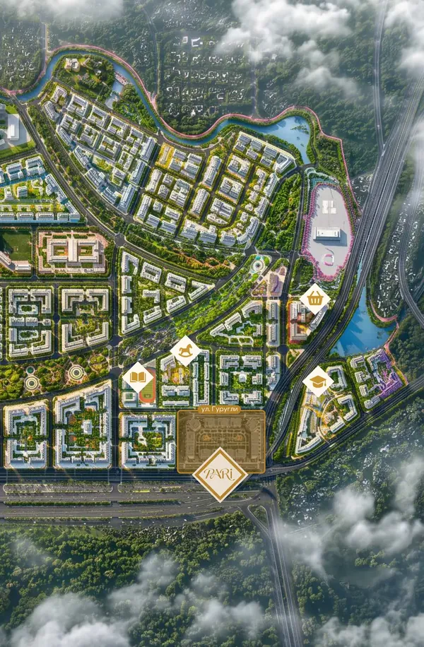 Zaliniya district master plan: PARI Residence on Gurugli Street, with schools, a kindergarten, a university and a shopping centre nearby. Visualisation